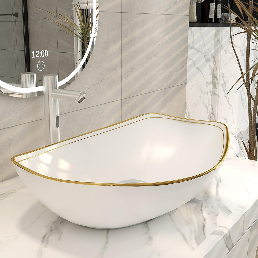 22 X 16 inch LUXURY GOLD rim Oval Vessel, Above Counter Bathroom Sink, Porcelain Ceramic Vessel Vanity Sink