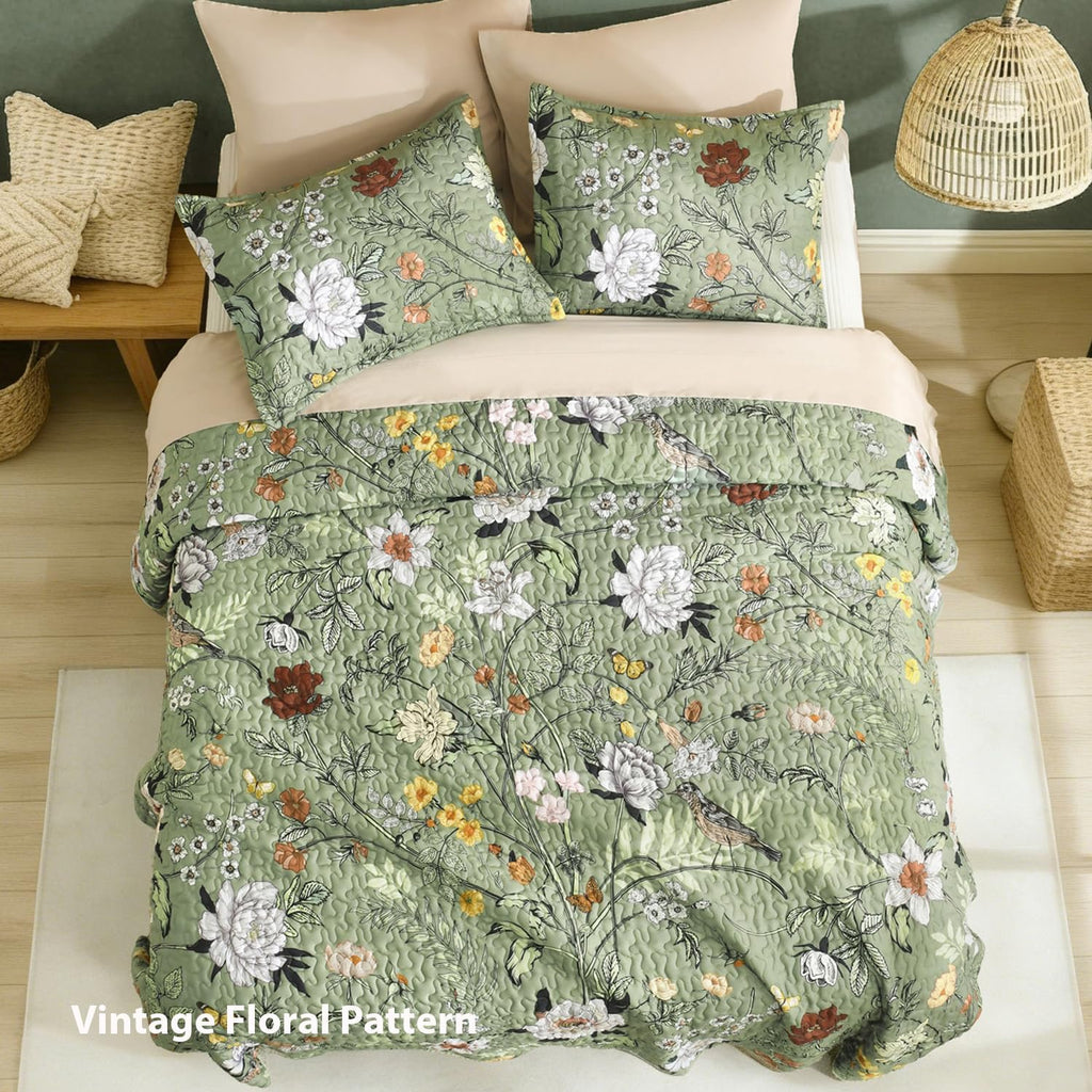 Floral Green Quilt King - 3Pcs Botanical Birds Bedding Set - Set of 3