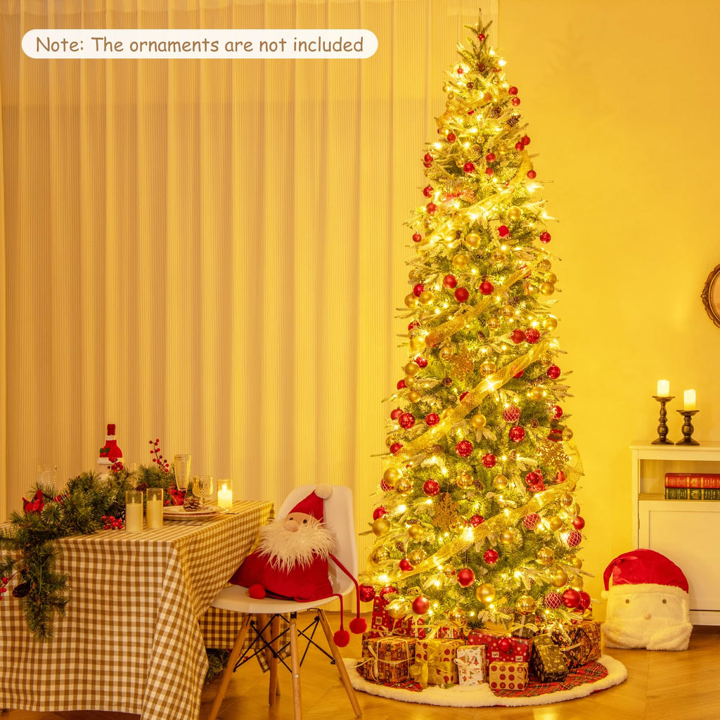 9 FT Pre-Lit Pencil Christmas Tree, Artificial Snow Flocked Hinged Fake Slim Xmas Tree with 470 Warm-White LED