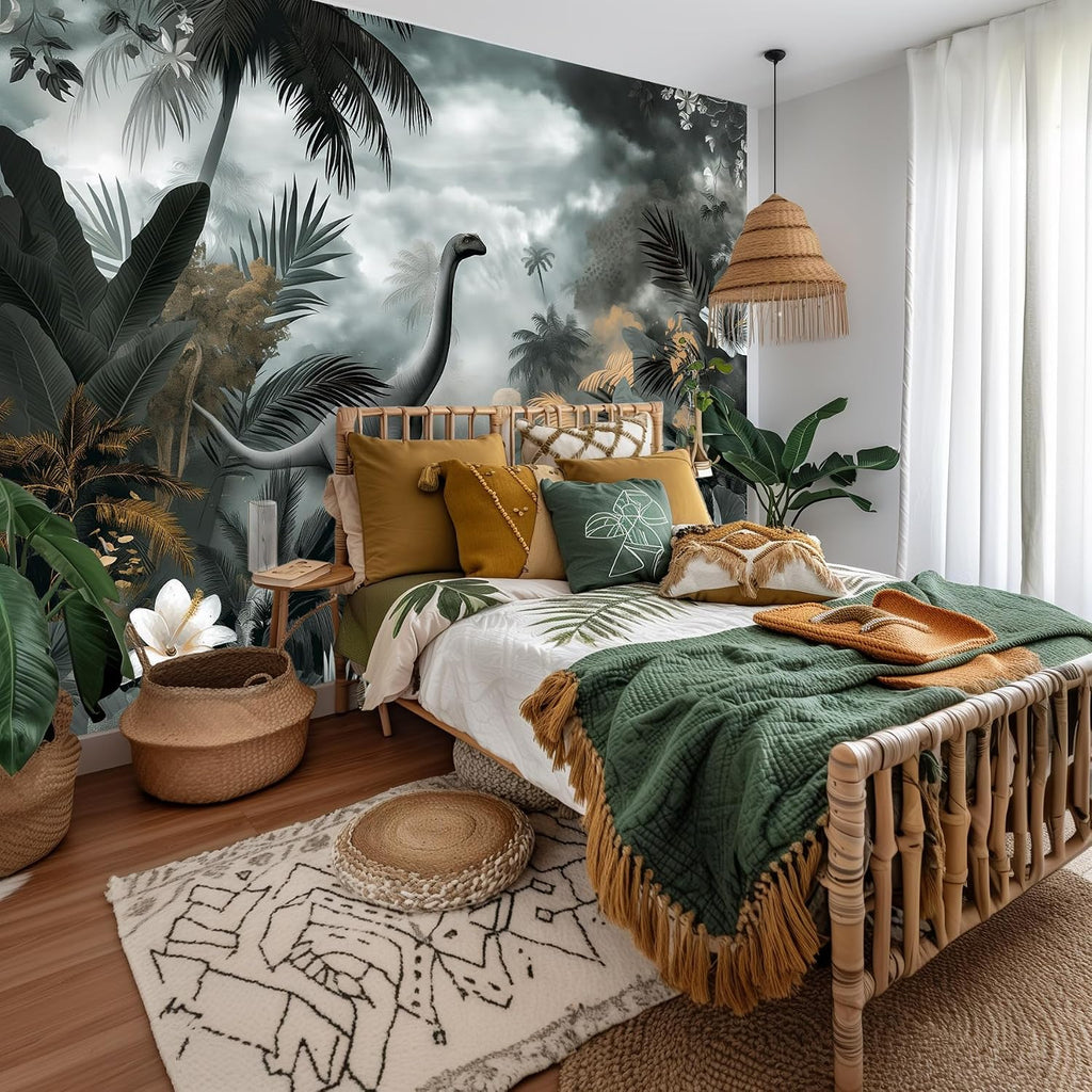 Dinosaur Peel and Stick Wallpaper Mural, Prehistoric Jungle Green | Seamless edge-to-edge match for easy DIY.