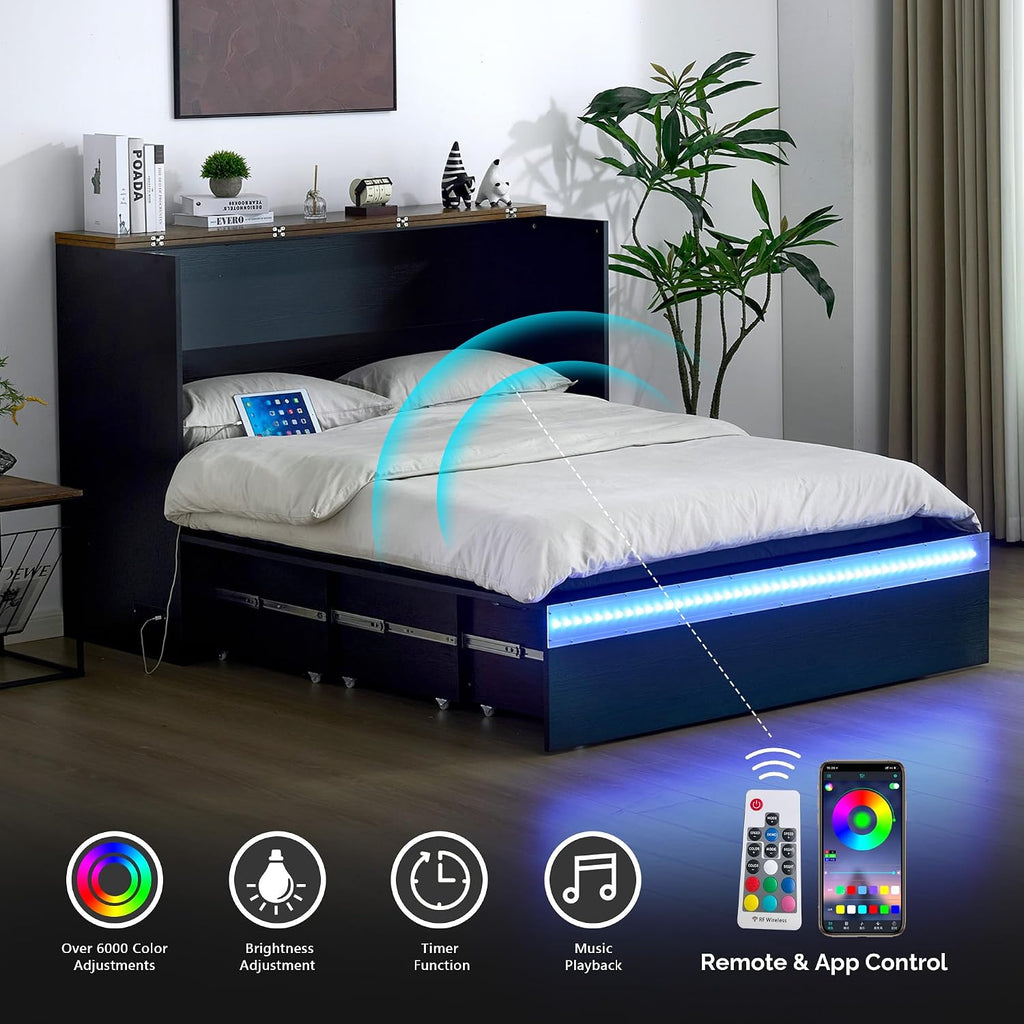 Full Murphy Bed with Storage Drawer,Smart LED Lighting,Built-in 2 Charging Stations, Space-Saving Cabinet Bed for