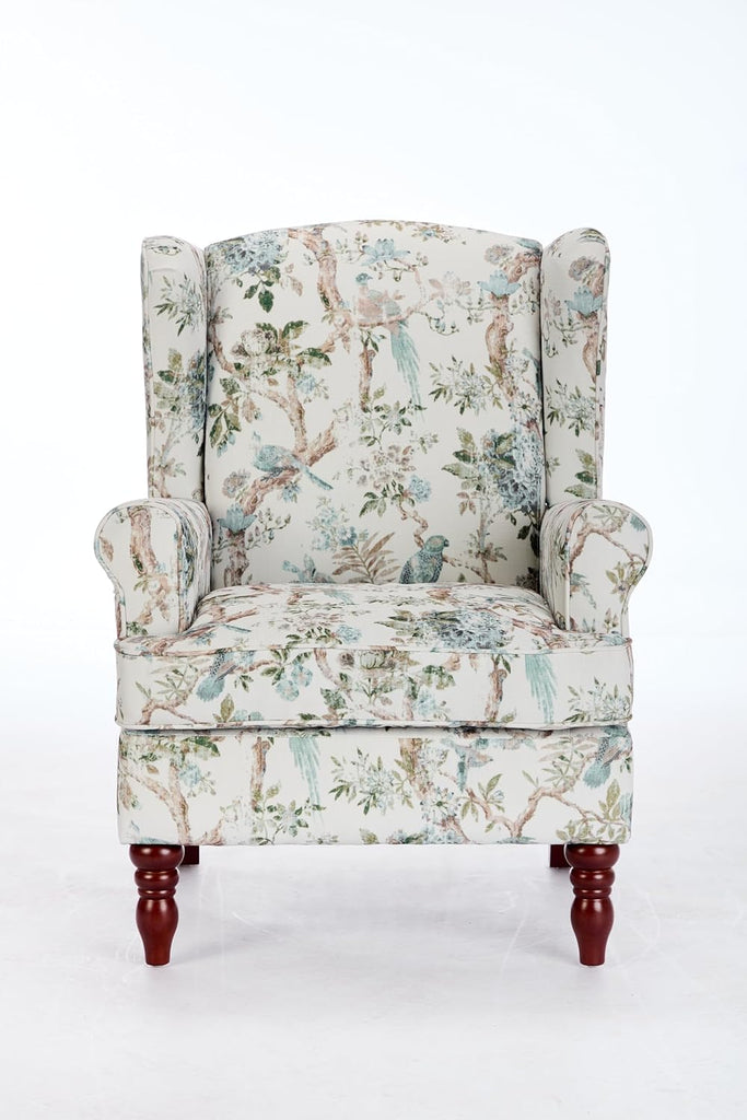 Modern Wingback Accent Chair with Solid Wood Legs and Cushion, Comfy Upholstered Floral Pattern Armchair, Retro