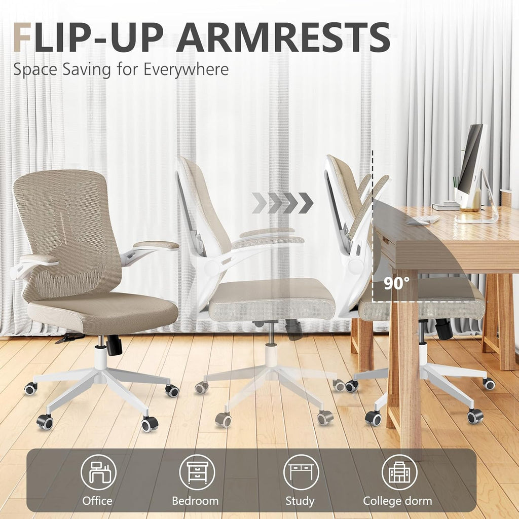 Ergonomic with Lumbar Support, High Back Mesh Desk Chair with Flip-Up Arms, Adjustable Computer Task Chair, Khaki