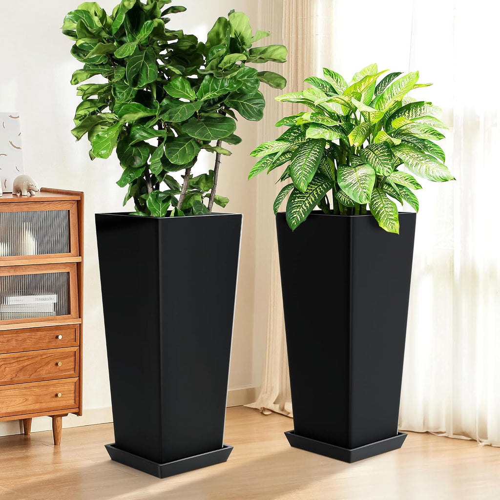 24-Inch Tall Planters for Outdoor Plants, Set of 2, Black | Square tapered planters with drainage trays for front