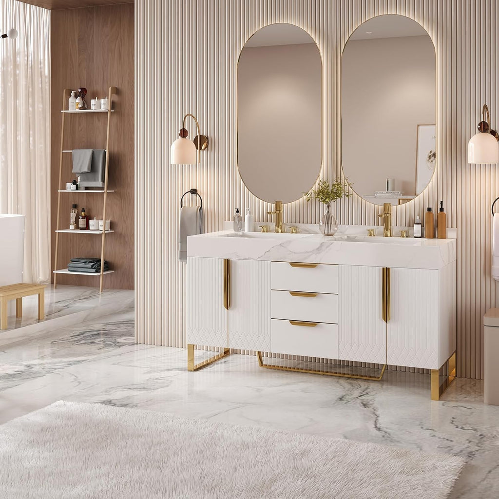 Bathroom Vanity with Sink, Modern Bathroom Vanity with Faux Marble Top
