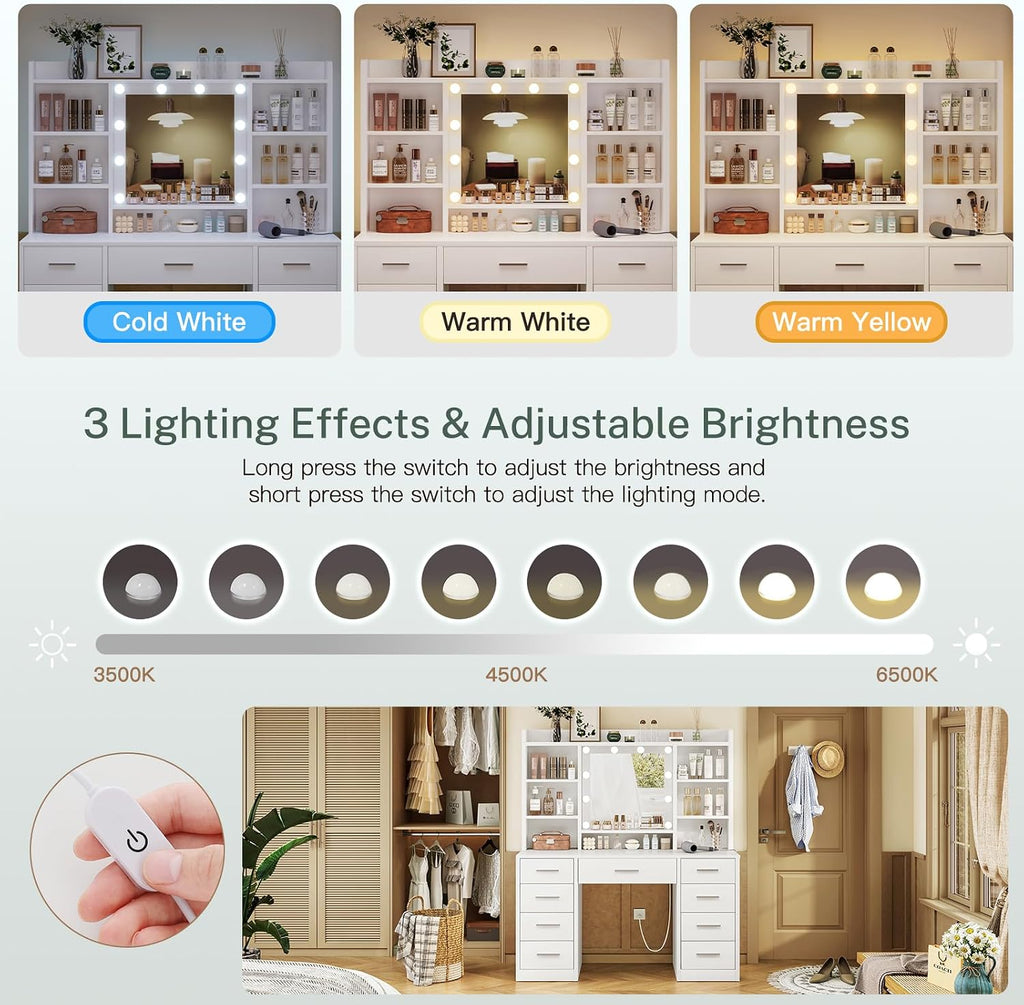 Vanity Desk with Mirror and Lights, Power Outlet, Makeup Vanity with 9 Drawers & 6 Open Storage Shelves, 3 Lighting