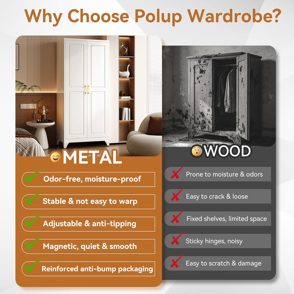 71" Metal Armoire Wardrobe Closet with Doors and Adjustable Shelves | Tall Freestanding Wardrobe Cabinet for Clothes