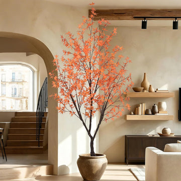 Autumn Maple Tree 8.5FT with 900 Red & Orange Leaves Fall Décor Tall Large Faux 102 Inch Plant Black Pot for Indoor