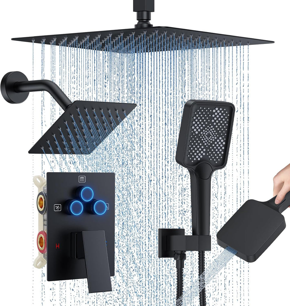 Shower Faucet Set, 12" Ceiling Mount Rainfall Shower System with 12'' Top Head+6'' Side Head and Multi-function