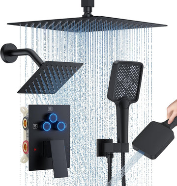 Shower Faucet Set, 12" Ceiling Mount Rainfall Shower System with 12'' Top Head+6'' Side Head and Multi-function