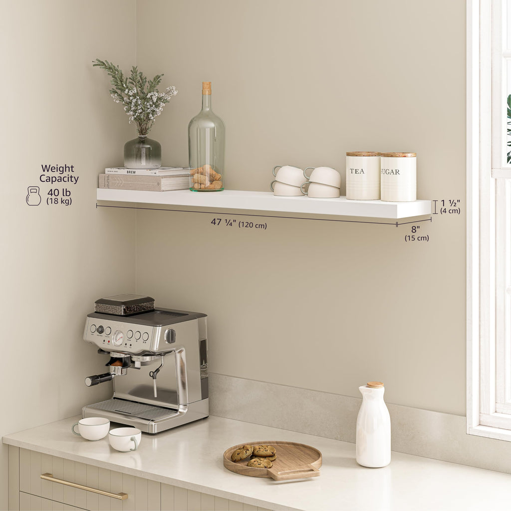 Floating Shelf, 48" Wood Wall Shelf with Invisible Brackets, 8" Deep, White