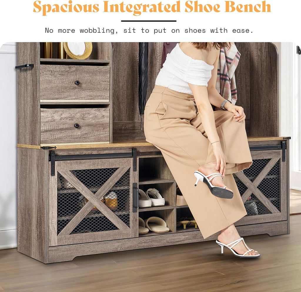 75"H 7-in-1 Farmhouse Hall Tree with Bench and shoe storage, LED Entryway Bench with Coat Rack, 12 Shoe Cubbies, 2
