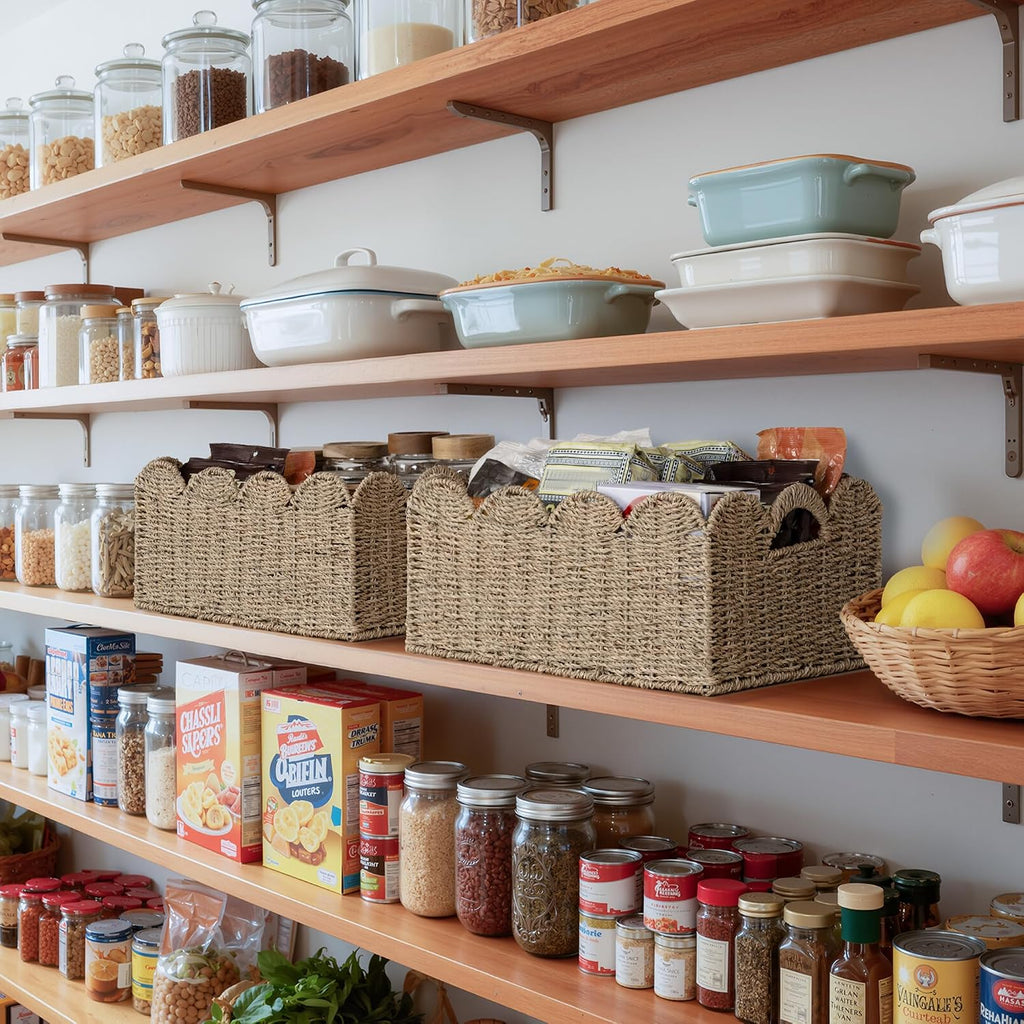 Scalloped Seagrass Baskets, Hand-woven Rattan Baskets with Built-in Handles, Cute Baby Basket , Basket for Organizing