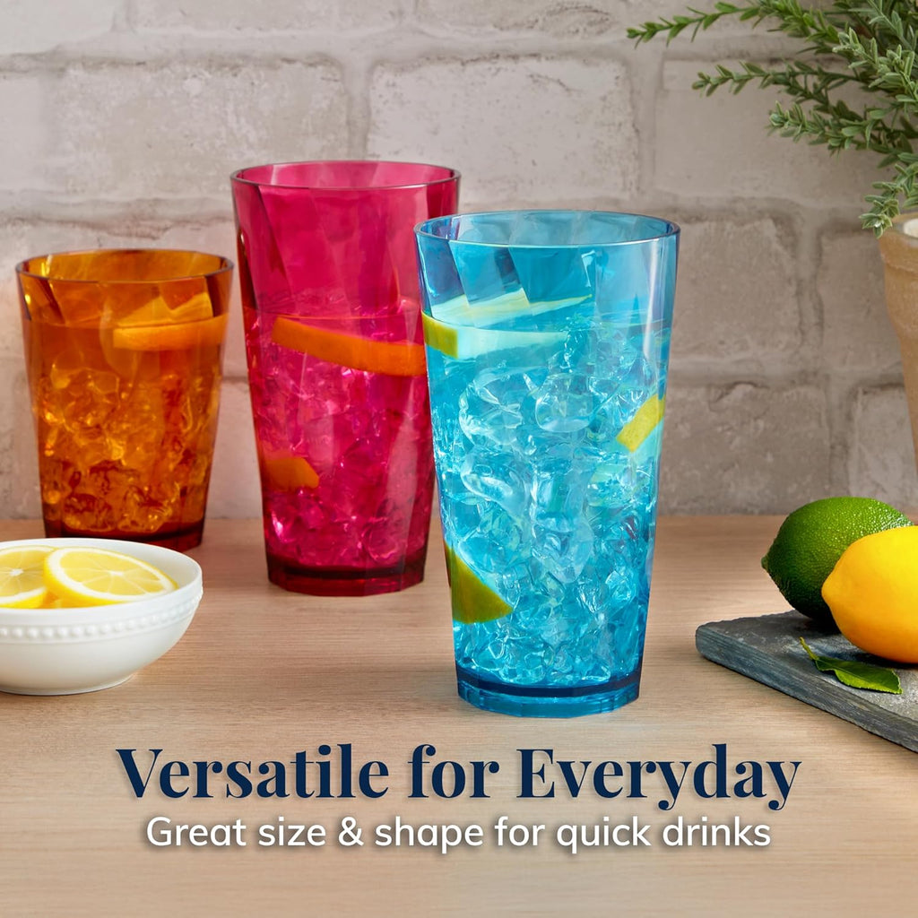 Optix Plastic Reusable Drinking Glasses (Set of 16) 14oz Rocks & 20oz Water Cups in Jewel Tone Colors | BPA-Free