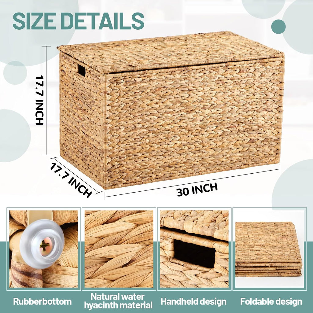 30 x 17.5 x 17.5 Inch Water Hyacinth Wicker Storage Trunk with Metal Frame, Heavy Duty Storage Chest with Lid Large