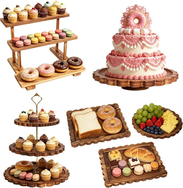 Set of 6 Wooden Dessert Display Table Set with 3-Tier Cupcake Stand | Round/Flat Platter, Cake Stand Rotating Tray