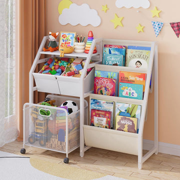 Kids Bookshelf Toy Storage Organizer & 2 Bins,3 Tier White | Kids Bookcase Equipped With Movable Drawer And 2 Toy