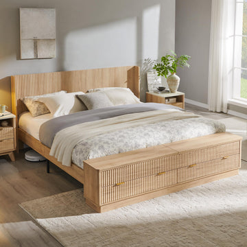 Fluted King Bed with Headboard and Storage Bench, Natural Oak