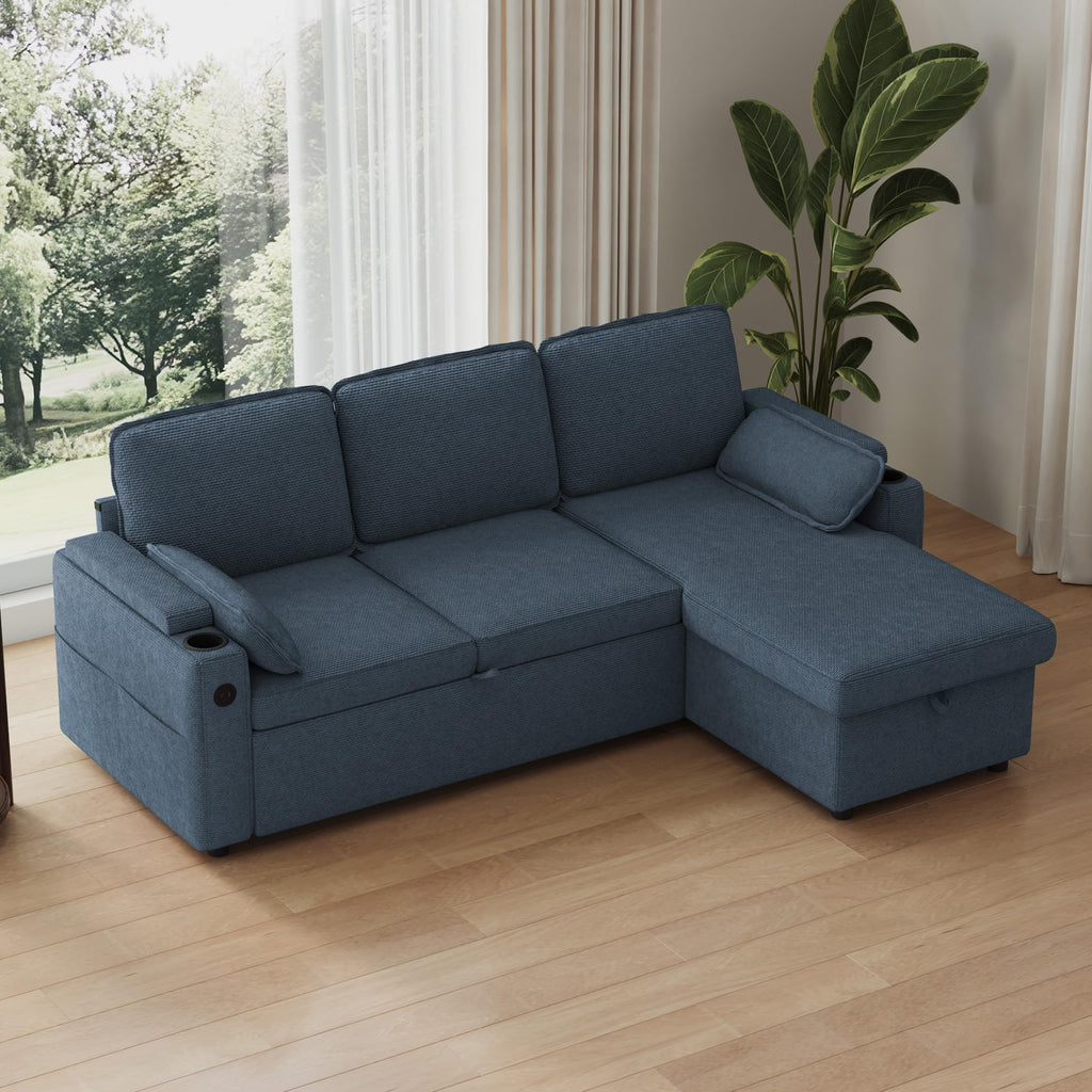 80" Sofa Bed Pull Out L Shaped Couch with Storage Chaise, Blue