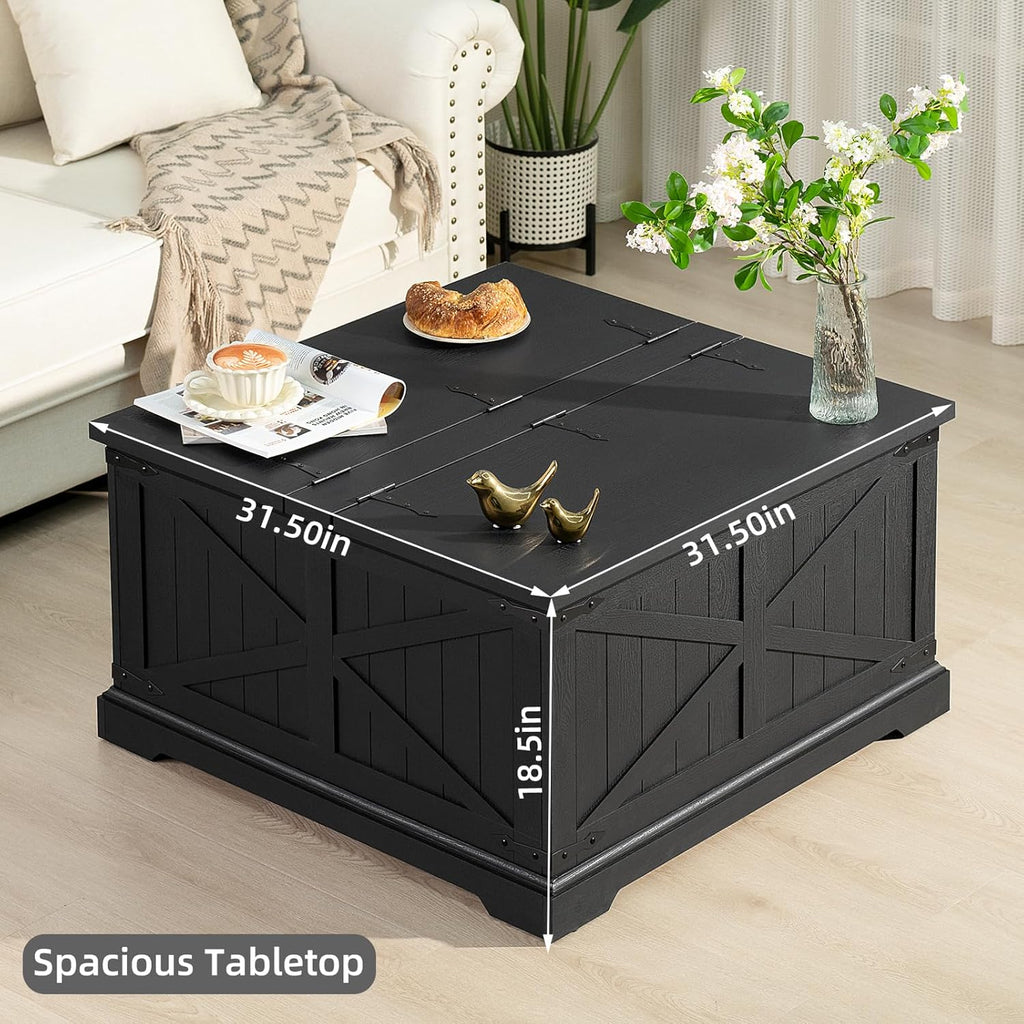 Farmhouse Coffee Table with Large Hidden Storage Compartment, Rustic Black Square Center Table