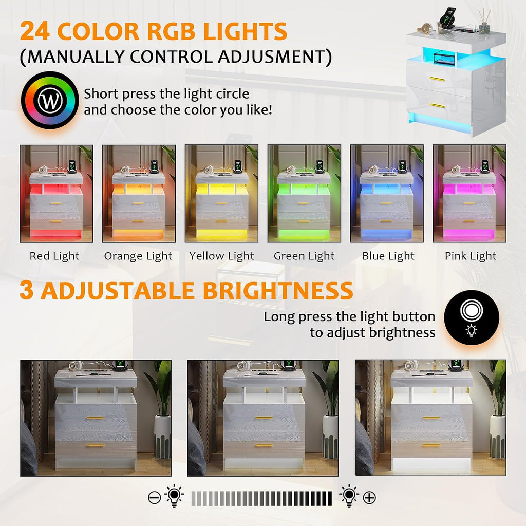 Night Stand Set of 2 with RGB Lights, LED Nightstand with Charging Station, Modern Bedside Table with 2 Drawers