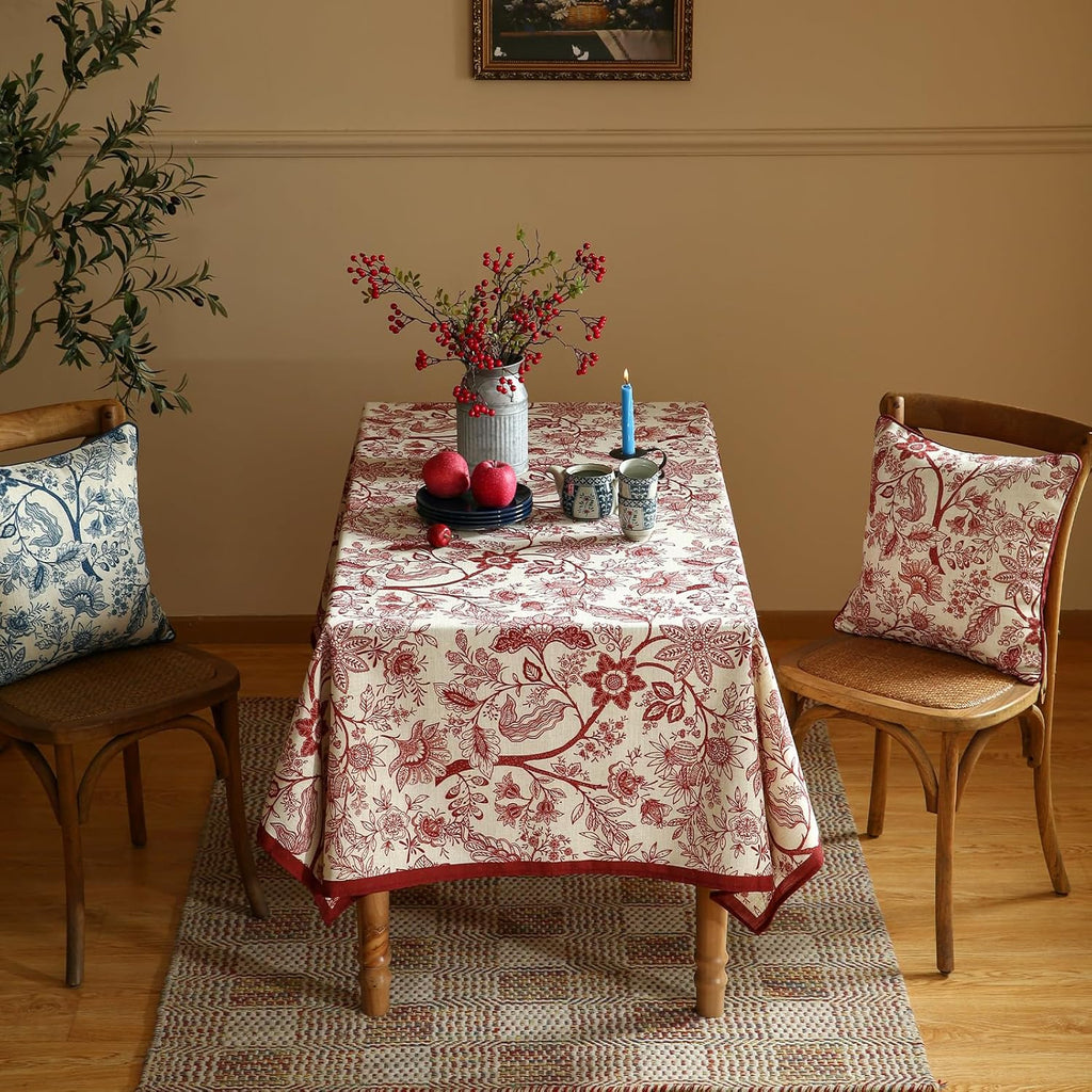 Designer French Linen Table Cloth for Rectangle Table,Red Floral Washable Indoor Tablecloth,Durable 