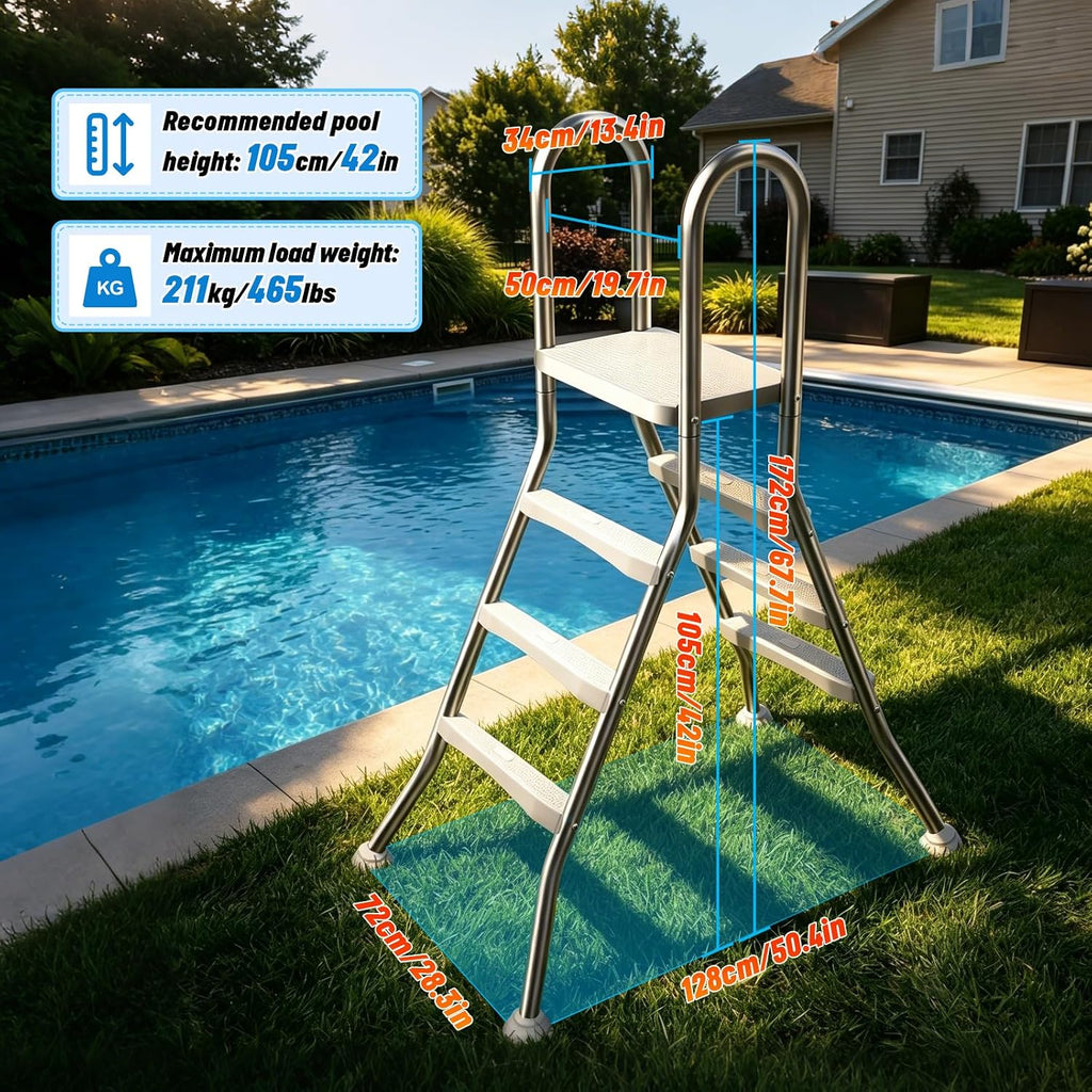 Above Ground Pool Ladder,42" Heavy Duty Luxury Pool Ladder with Platform,3-Steps Swimming Frame Pool Ladder,304