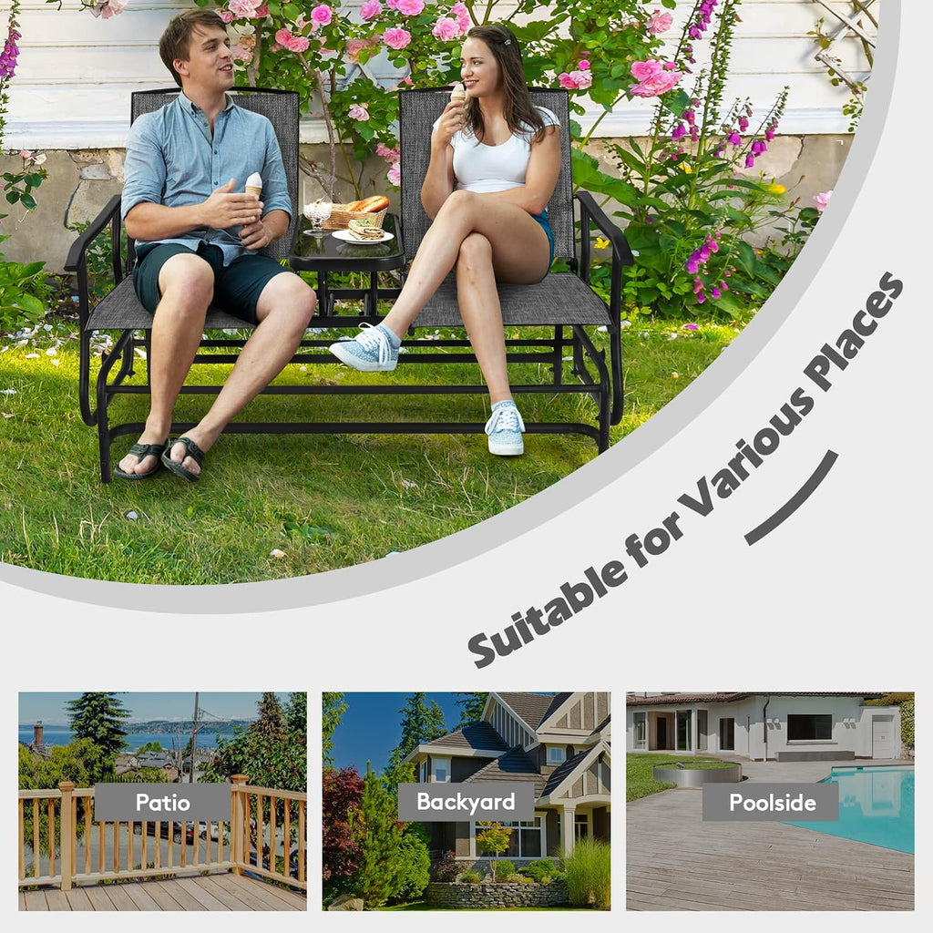 2 Person Outdoor Glider Bench w/Tempered Glass Table, Swing Patio Glider Chair with Steel Frame & Breathable Seat