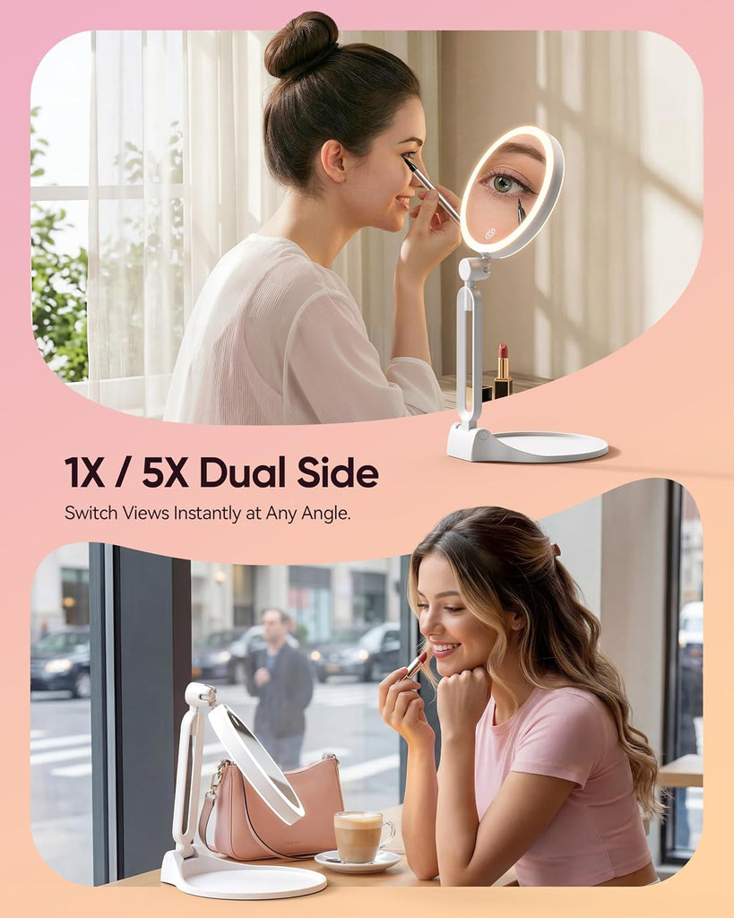 Travel Makeup Mirror with Lights 2026 New, 1X/5X Magnification Double Sided Lighted Mirror, 3 Color