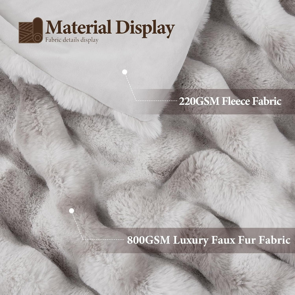 1000GSM Faux Rabbit Fur Throw Blanket, Super Heavy Warm Cozy Grey Blankets for Couch Bed Sofa, Ruched Plush Fuzzy