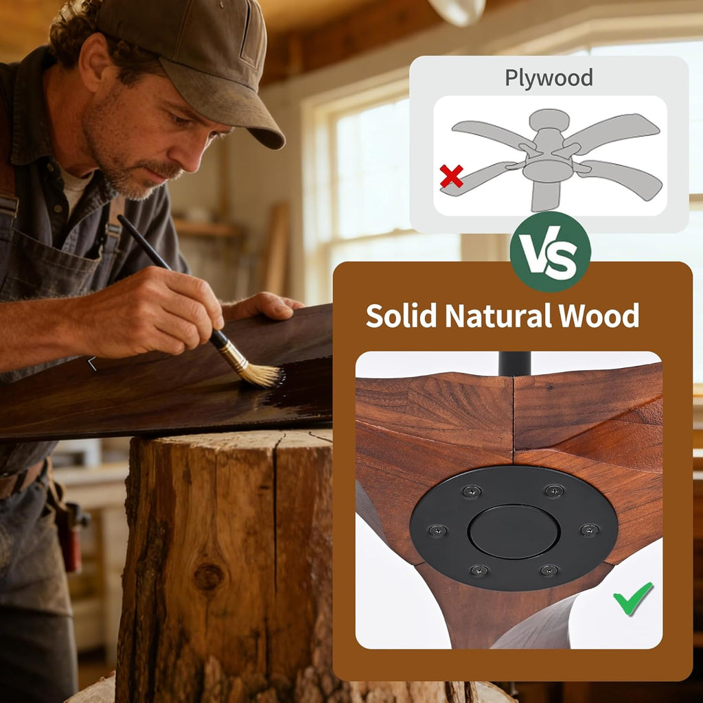 Inspired Maverick Style 60" Ceiling Fans Without Lights, 60 Inch Outdoor Ceiling Fans no Lights, 3 Blade Solid Wood Damp Rated Ceiling Fan with Remote Control for Living Room Gazebo Farmhouse/Patios Porch - Dark Walnut