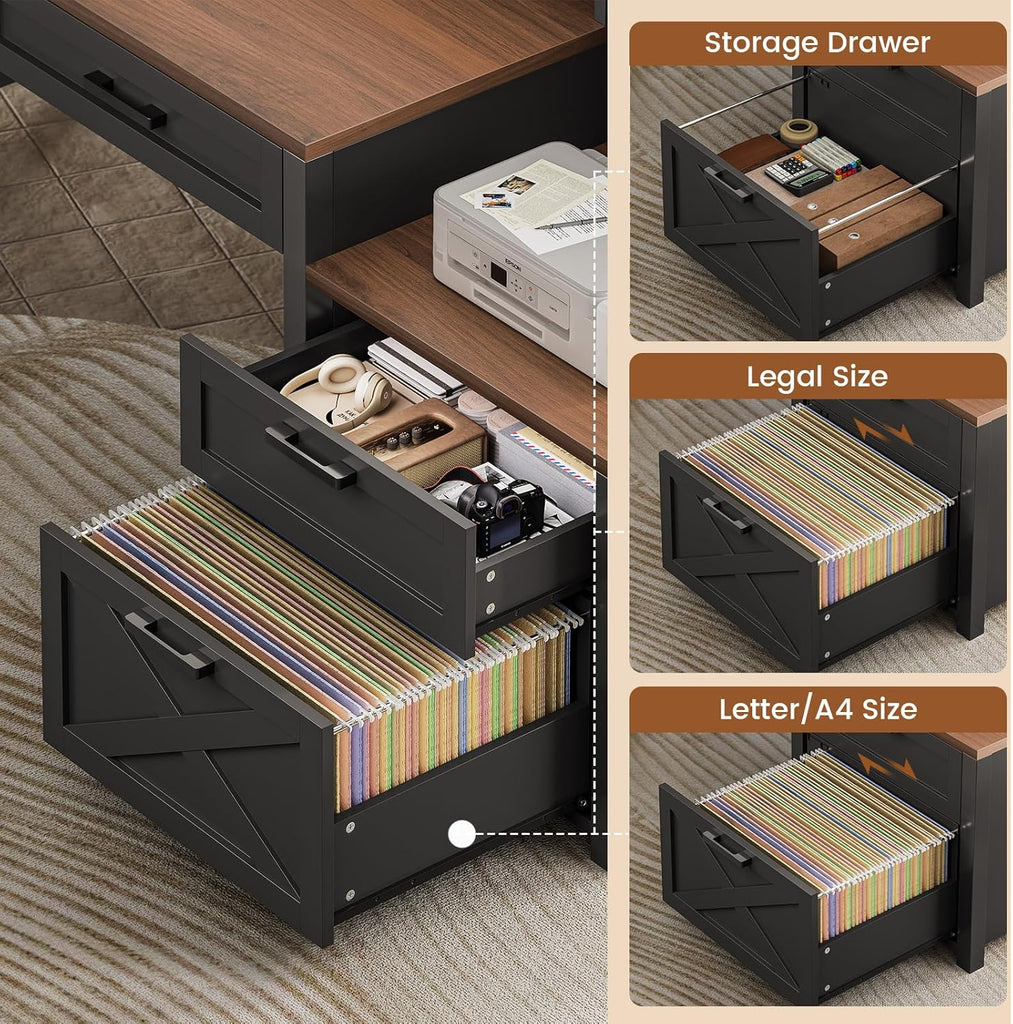 Farmhouse Home Office Desk with File Drawer & Power Outlet, Computer Desk with 4 Drawer, Storage Shelves