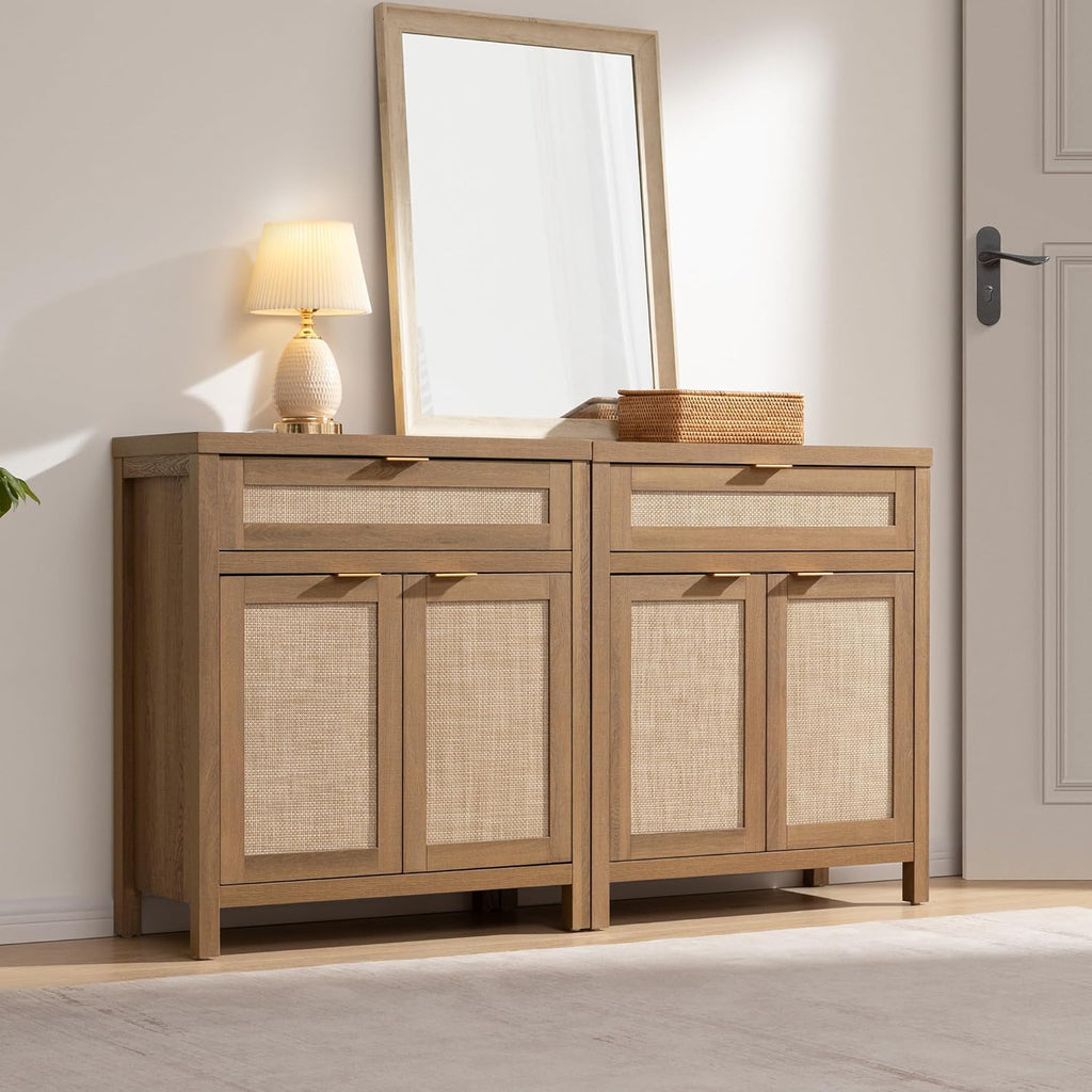 Sideboard Buffet Cabinet Set of 3, Rattan Credenza Storage Cabinet, Boho Buffet Table Console Cabinets with Drawer