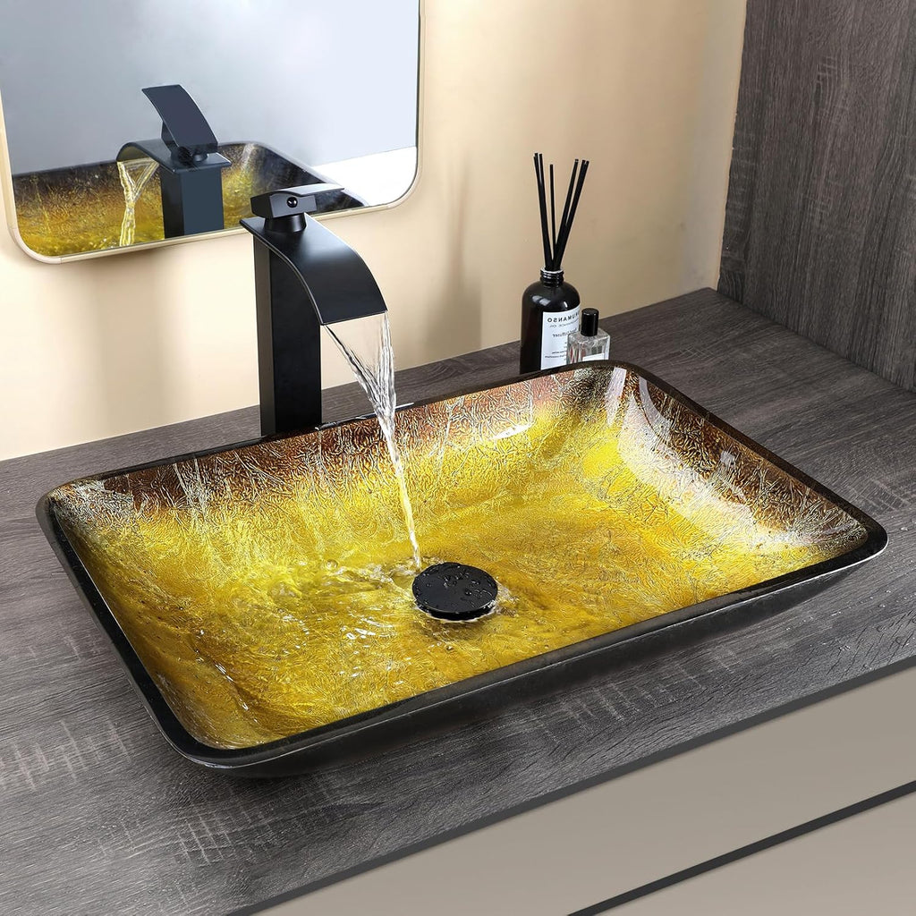 22 Inch Bathroom Vessel Sink Basin with Waterfall Faucet and Pop-Up Drain Combo,Gold Rectangular Glass Sink Bowl Above