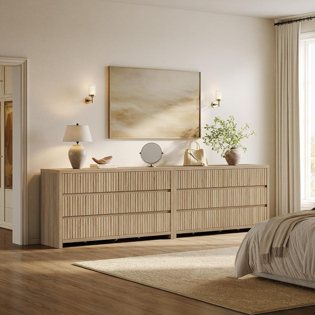Fluted 6 Drawer Dresser - 55.2''W Large Chest of Drawers | Modern Long Bedroom Dressers with Deep Drawers, 17.7''D