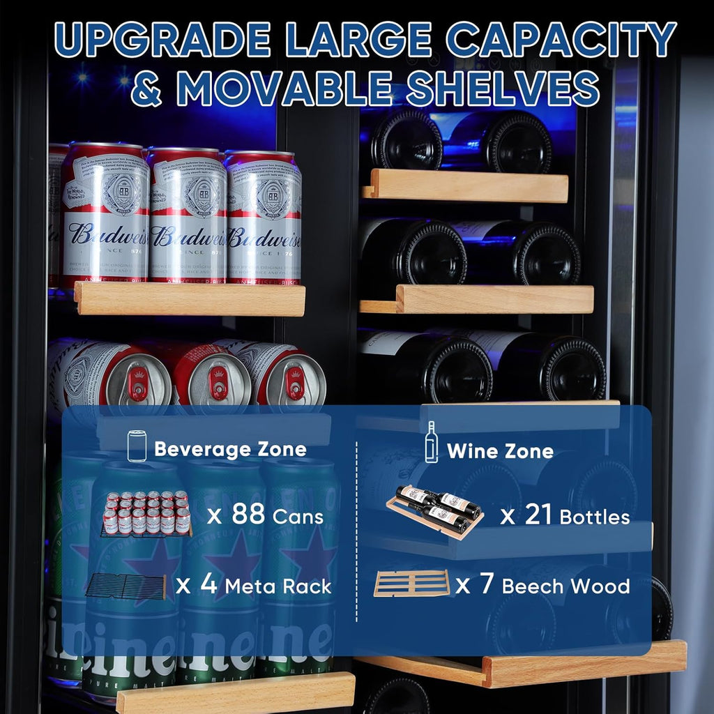 Wine and Beverage Refrigerator 24", Upgraded Dual Zone Wine Beverage Cooler with