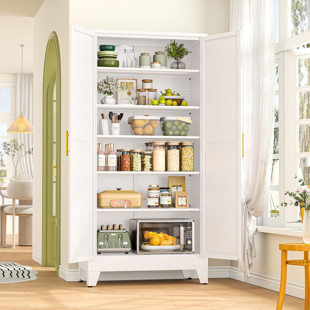 75.2" Tall Metal Storage Cabinet with 2 Doors and 5 Adjustable Shelves, New upgrade Kitchen Pantry Cabinet, White