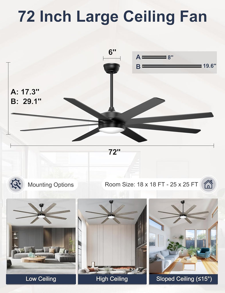 72'' Large Ceiling Fans with Lights, Modern Black Ceiling Fan Remote/APP Control, Dimmable