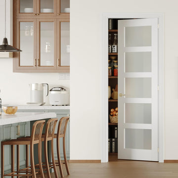 Prehung Interior Door, 32" x 80", 5-Lite Frosted Glass, Prehung Door, Right-Handed, White MDF with Door Jamb &