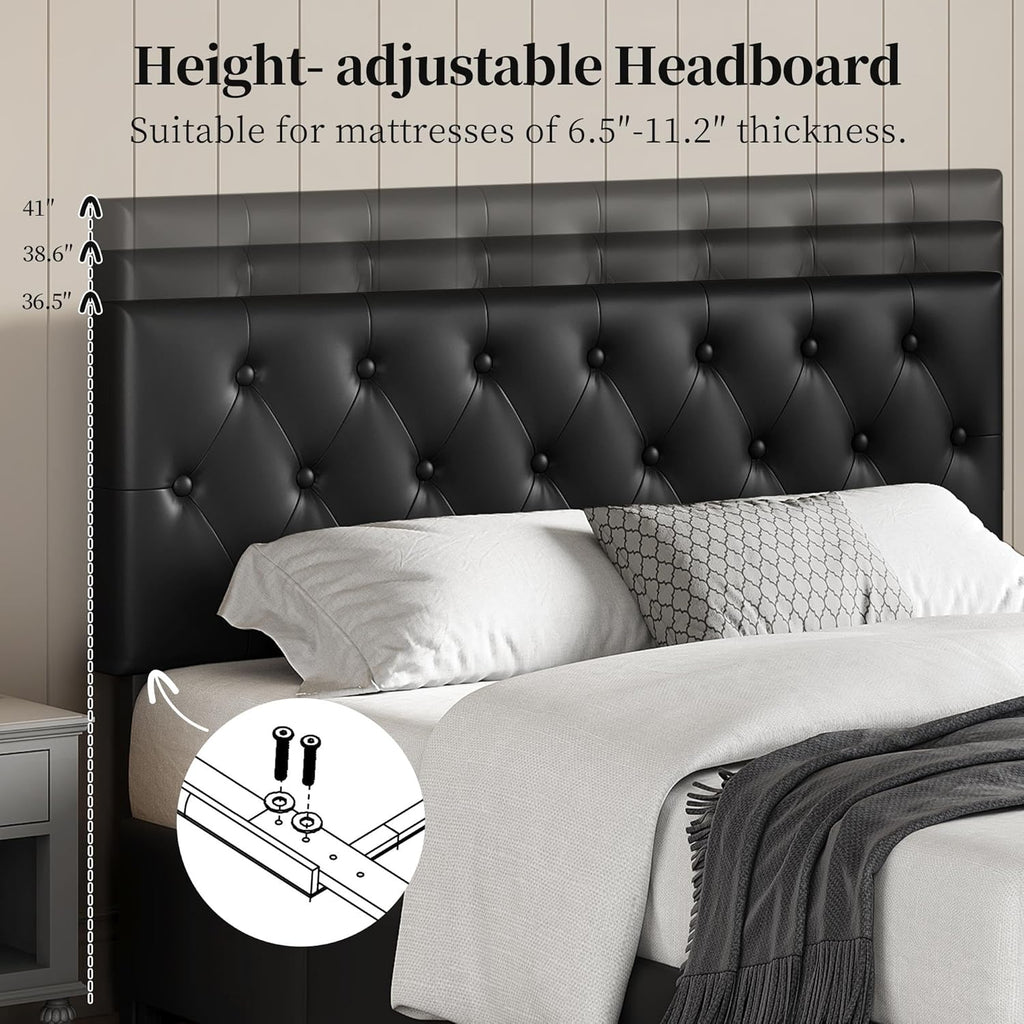 Queen Bed Frame Upholstered Bed Frame with Adjustable Diamond Button-Tufted Headboard/3 Drawers Storage