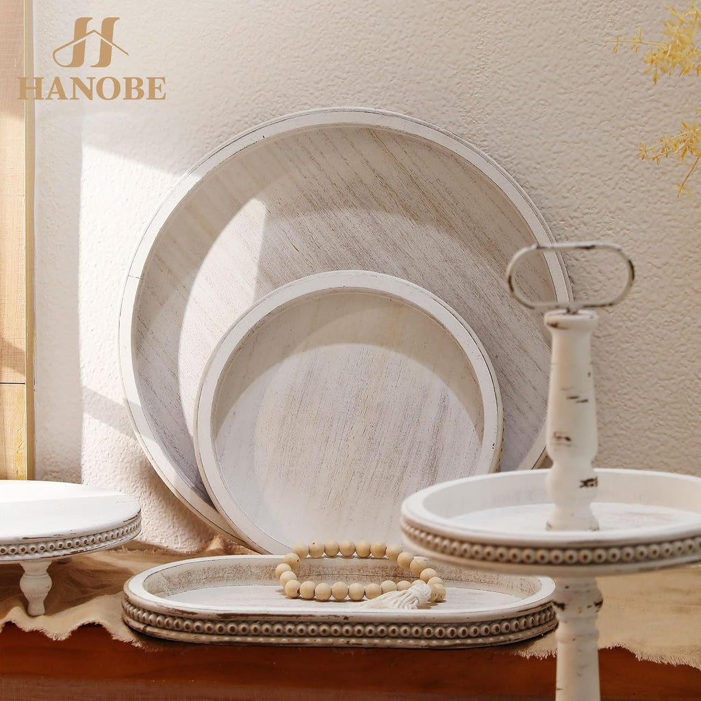 Large Round Decorative Tray: 17" White Coffee Table Decor Wood Centerpiece Beaded Trays Farmhouse Boho Ottoman