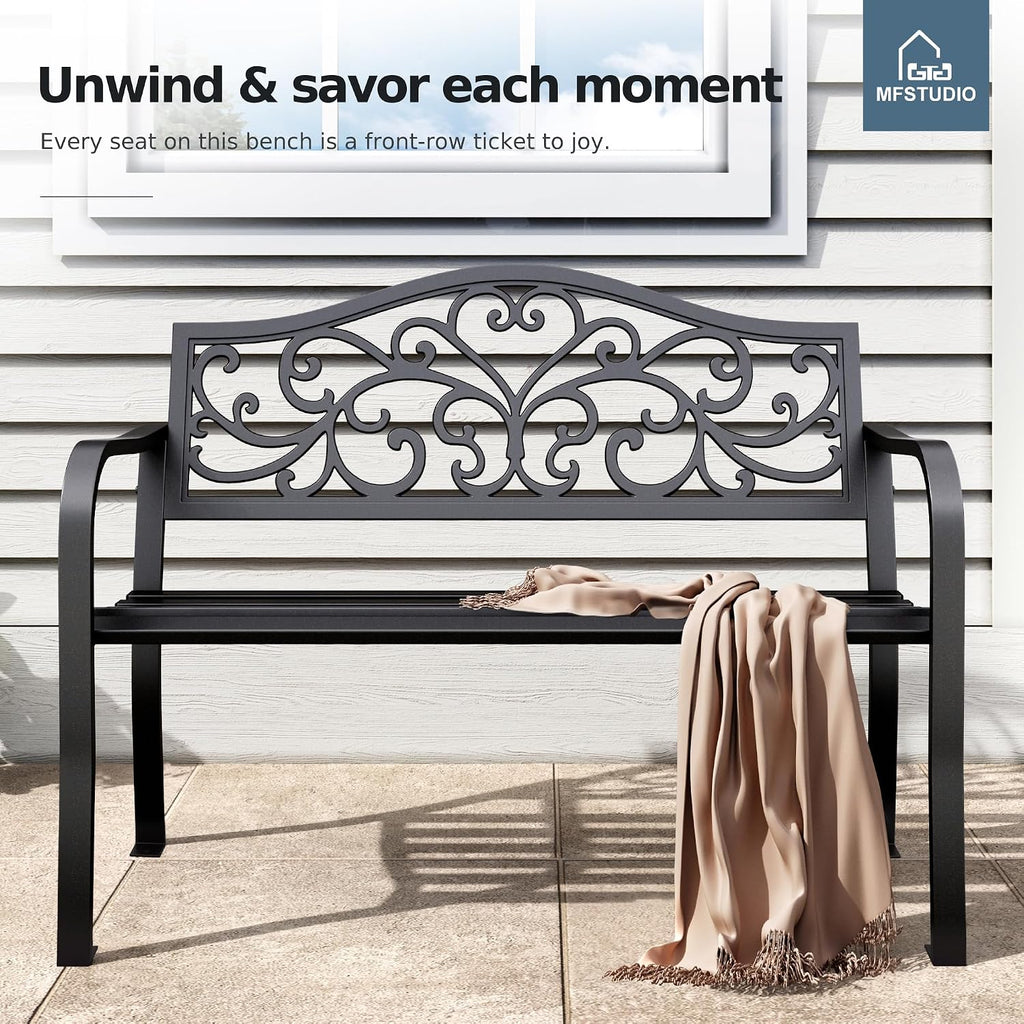 43.7 Inches Cast Iron Outdoor Garden Bench, Floral Backrest, Black | E-Coating Anti-rust Finish, Weatherproof Outdoor