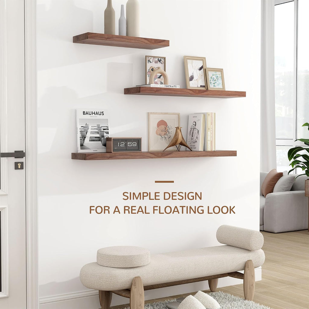 24 Inch Solid Walnut Wood Floating Shelves, 6.7in Deep Wall Shelves | Solid Black Walnut Wood, Natural Grain, Real