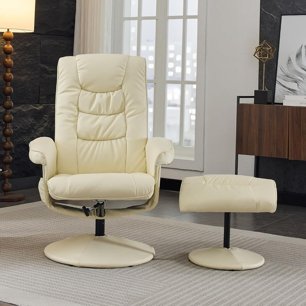 Modern Reclining Swivel Lounge Chair and Ottoman — White