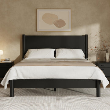 King Size Platform Bed Frame with Wood Headboard, Black