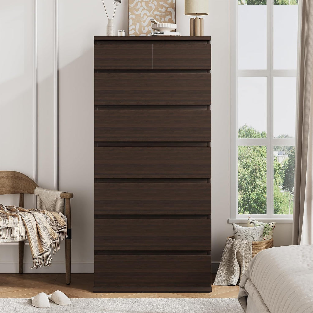 Brown Tall 8 Drawer Dresser ,Dressers & Chests of Drawers with Jewelry Storage,Wood Storage Dresser with Deep Drawers