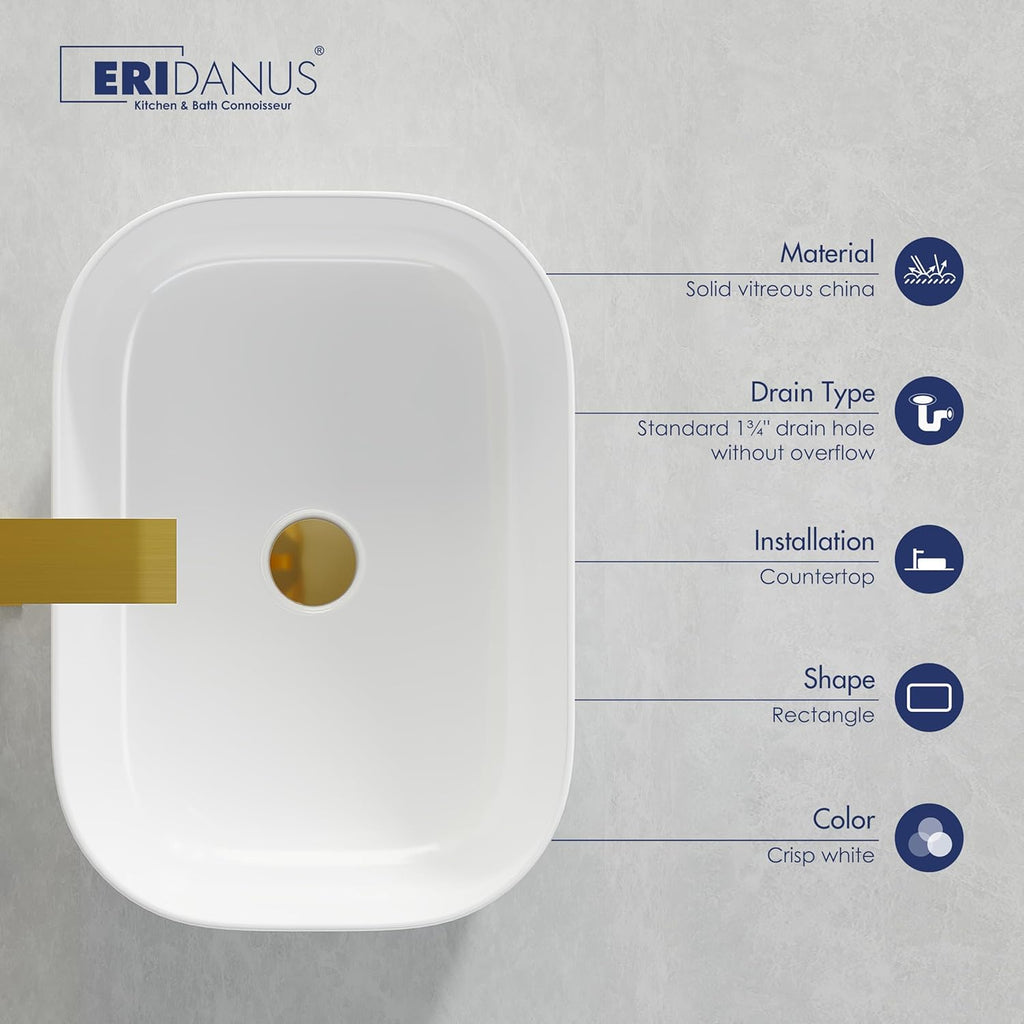 Bathroom Vessel Sink, Eridanus 18" x 13" White Vessel Sink Rectangular Bathroom Sink Porcelain Ceramic Vessel Sinks