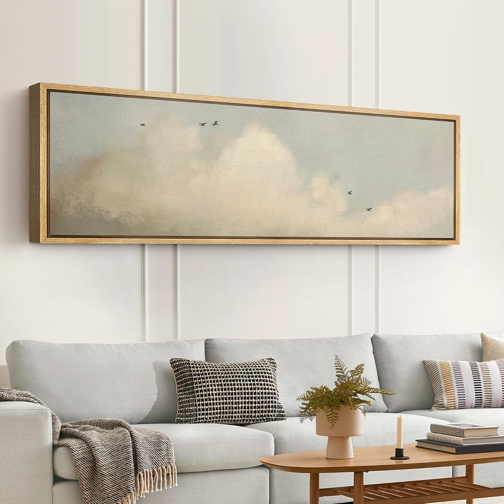 Large Framed Canvas Print Wall Art Serene Cloudscape with Birds in Flight Illustrations Modern Art Calm Warm - 60"x20"