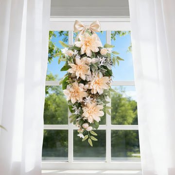 Peach Dahlia Floral Teardrop Swag 28" Artificial Spring Teardrop Swag Wreath for Front Door Porch Wall Window Decor