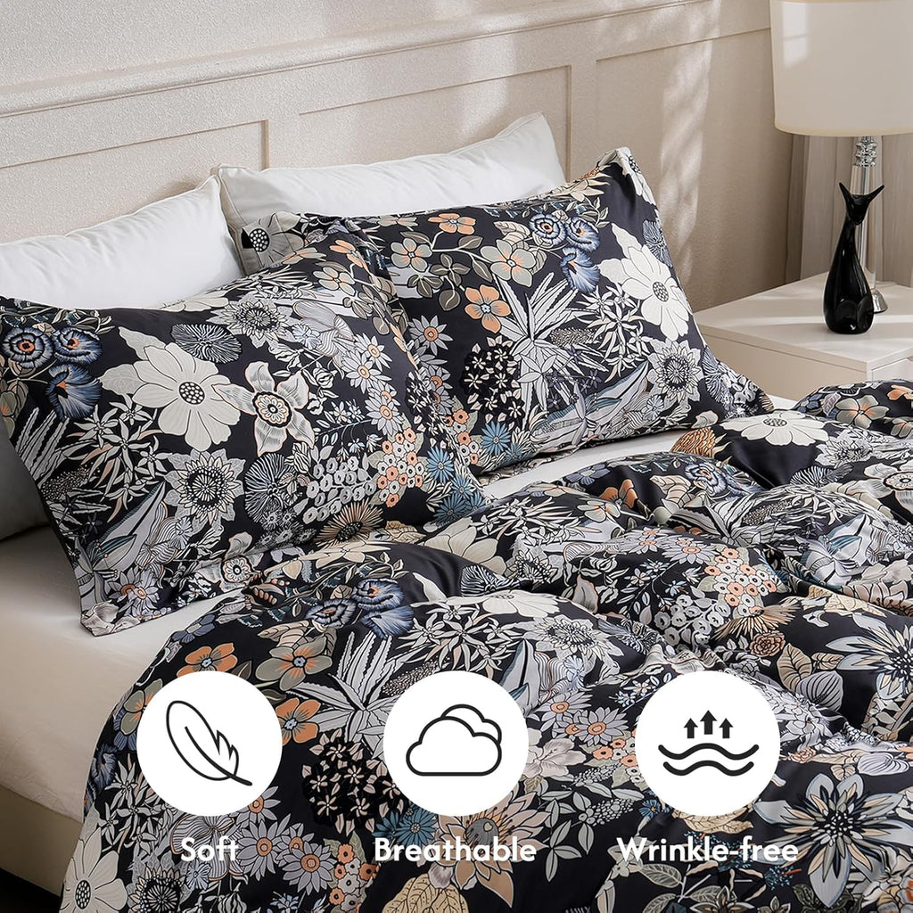 Flower 3 Pcs Duvet Cover Set, Breathable Soft Microfiber Black Lining Comforter Cover with Zipper Closure, and